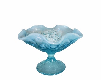 Fenton Water Lily Opalescent Compote Comport Vintage Aqua Blue Hard to Find FREE SHIP