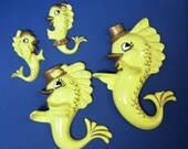 Vintage 4 Seahorse Wall Plaques Sunny Yellow Lot