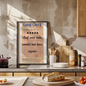 Chef Was Cute, Would Eat Here Again 5 Stars Guest Check Poster Kitchen Decor Digital Wall Art Trendy Girly Prints