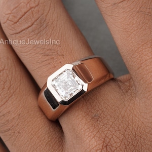 Asscher Cut Solitaire Diamond Engagement Ring 1.00 CT IGI Certified Lab Grown Diamond Bezel Set Ring 14K Rose Gold Thick Band Ring For Men
