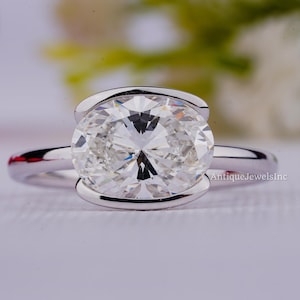 Oval Cut Lab Grown Diamond Ring Half Bezel Set East West Diamond Engagement Ring 14K Solid Gold Solitaire Diamond Anniversary Gift For Wife