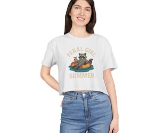 Feral Girl Summer Crop Tee, Raccoon Pool Float Graphic Shirt