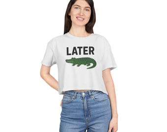 Später Alligator Frauen Crop T-Shirt, niedliches Tier Grafik Top, trendiges kurz geschnittenes T-Shirt, Sommermode, Geschenk für sie, Alligator Liebhaber Geschenk