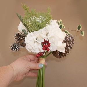Winter Bouquet - White Roses, Hydrangea, Red Berries, Pine Cones, Evergreen - Bouquet, Winter Wedding, Christmas