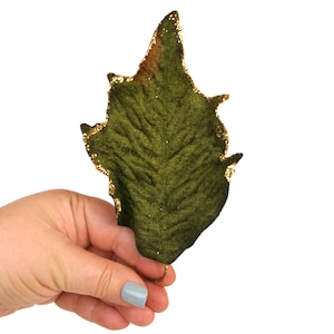 12 Jumbo Velvety Green with Gold Glitter Poinsettia Leaves
