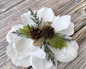 Forest Winter White Magnolia Flower Clip - Pinecone and Holly Leaves Embellishment