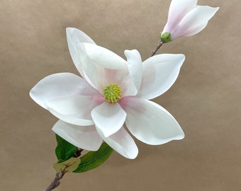 Cream With Blush Pink Magnolia Branch - 2 Flowers - Artificial Flower, Silk Flower