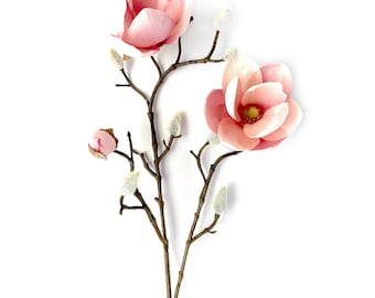 Pink Japanese Magnolia Branch - 2 Flowers, 8 Buds - Artificial Flower, Silk Flower