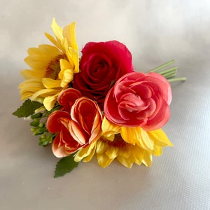 Summer Bouquet - Yellow Sunflowers, Red Roses, Orange and Salmon Ranunculus - Artificial Flowers