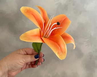 Large Easter Lily in Light Orange - Artificial Flowers, Real Touch Flower - Short Stem