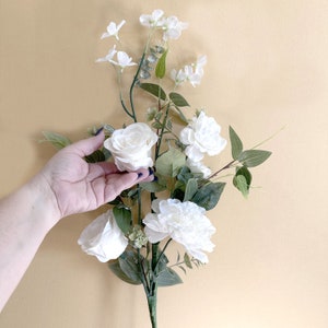 Summer White Rose, Peony,  and Cherry Blossom Flower Bundle - Artificial Flowers - 36 inches