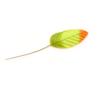 50 GREEN with ORANGE tip Wired Leaves  - Artificial Leaves, Silk Leaves
