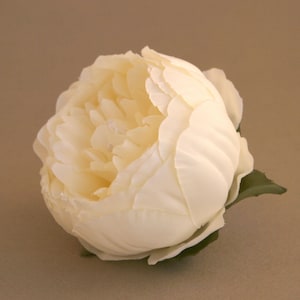 May include: A single, cream-coloured artificial peony flower with green leaves. The flower is fully bloomed and has a delicate, layered texture.