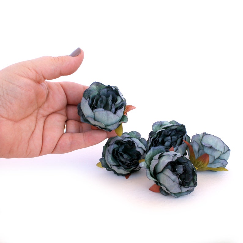 5 Mini Peonies in SMOKEY BLUE Artificial Flower Heads Silk Flowers