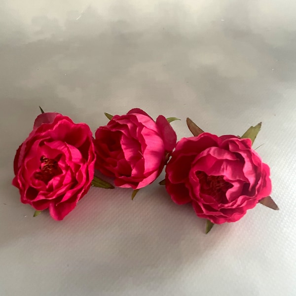 3 Small DARK PINK Peonies  - Artificial Flower Heads - 2 inches