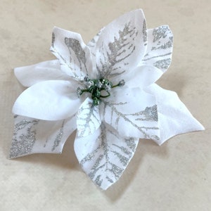 White Velvet with Silver Accents Poinsettia Flower Head - Artificial Flowers, Holiday Flowers, Christmas Floral