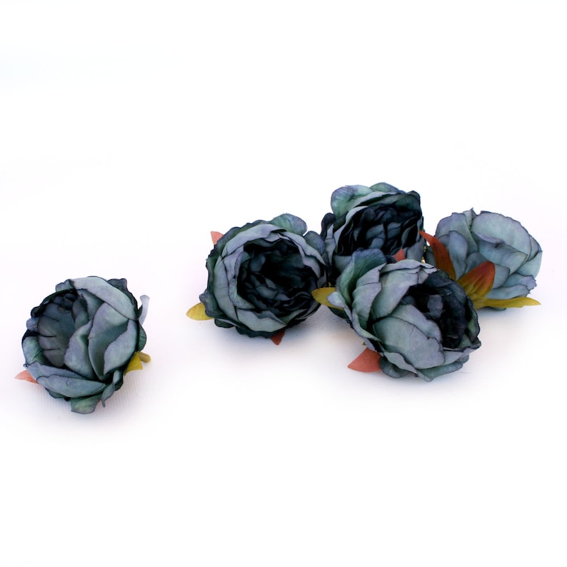 5 Mini Peonies in SMOKEY BLUE Artificial Flower Heads Silk Flowers