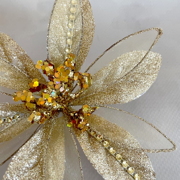 Gold Glitter Wired Poinsettia Clip - Artificial Flowers, Holiday Flowers, Christmas - 6 inches