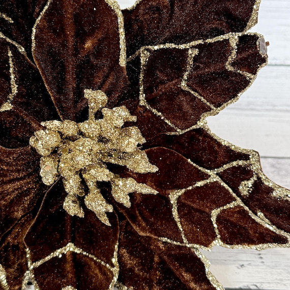 Jumbo Brown Velvet Gold Glitter Trimmed Poinsettia With Stem