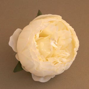 May include: A single, cream-coloured artificial peony flower with a green stem and leaves.