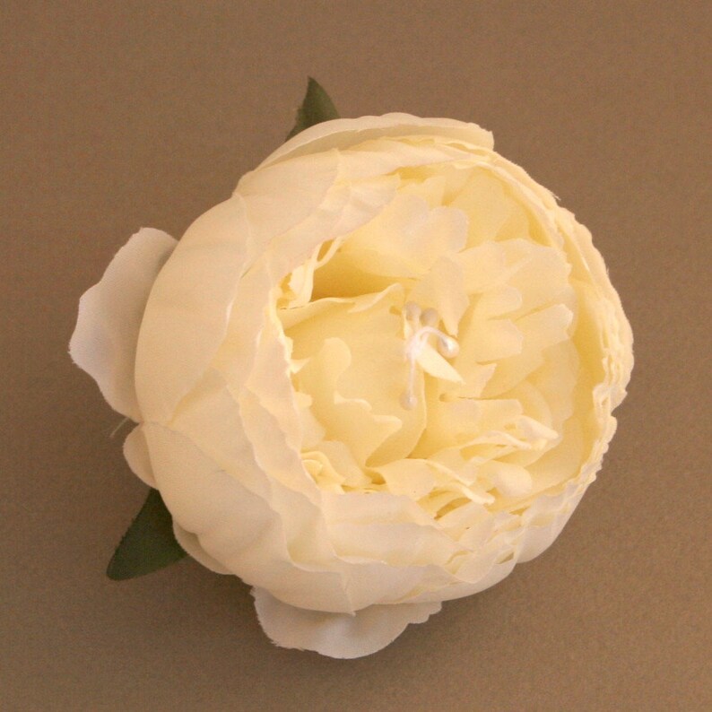 May include: A single, cream-coloured artificial peony flower with a green stem and leaves.