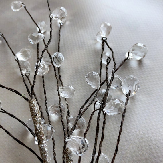 16 Stems Acrylic Crystal Flower Bouquet - Silver Glitter Berry Branches With Beaded Design | Artificial Floral Arrangement For Wedding & Home Decor
