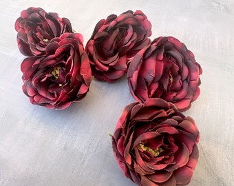 5 Small Peonies in Dark Red - Artificial Flower Heads, Silk Flowers