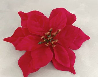 3 Small Red Velvet Poinsettia Flower Heads- Artificial Flowers, Holiday Flowers