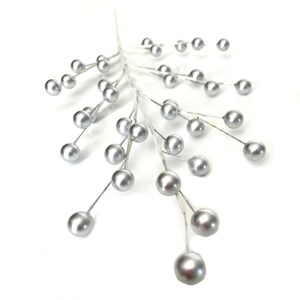May include: A silver berry stem with multiple spherical, metallic-looking berries. The berries are attached to thin, silver-colored stems that branch out from a central stem. The background is plain white.