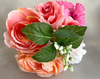 Pink and Peach Bouquet - Apricot Peony, Pink Rose, Peach Blush Mum - Artificial Flowers