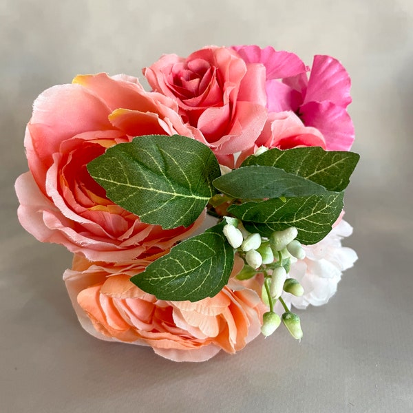 Pink and Peach Bouquet - Apricot Peony, Pink Rose, Peach Blush Mum - Artificial Flowers