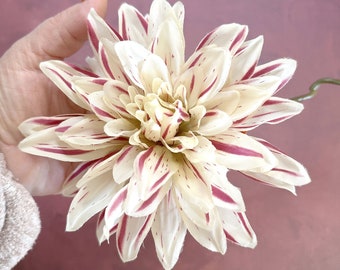 Cream and Dark Pink Dinner Plate Dahlia - Artificial Flower, Silk Flower  - 9 inches tall