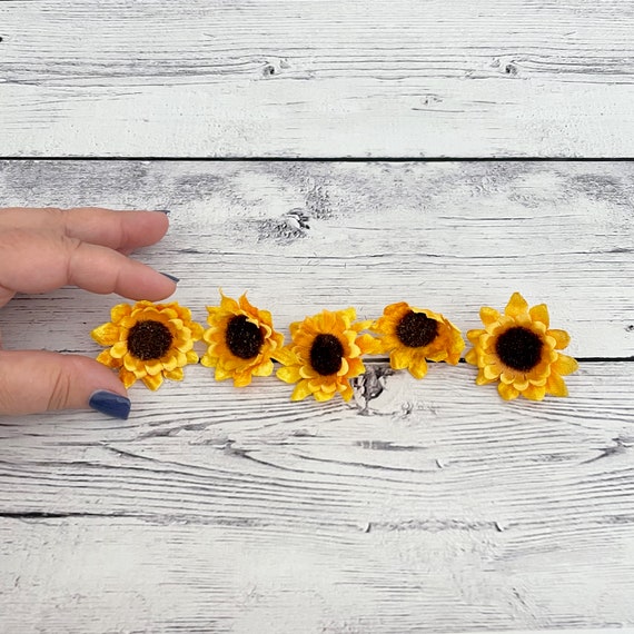 5 Harvest Yellow Mini Sunflowers Artificial Flowers, Silk Flower Heads 