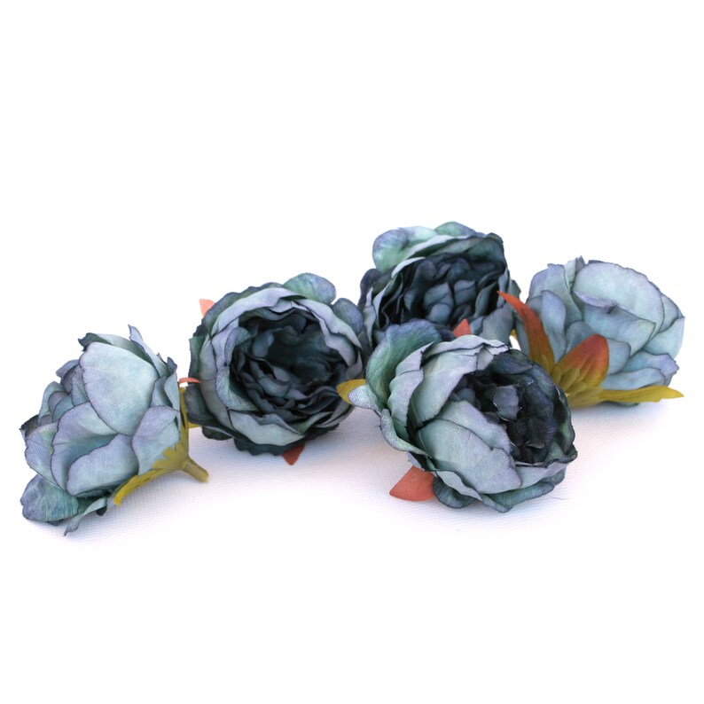 5 Mini Peonies in SMOKEY BLUE Artificial Flower Heads Silk Flowers