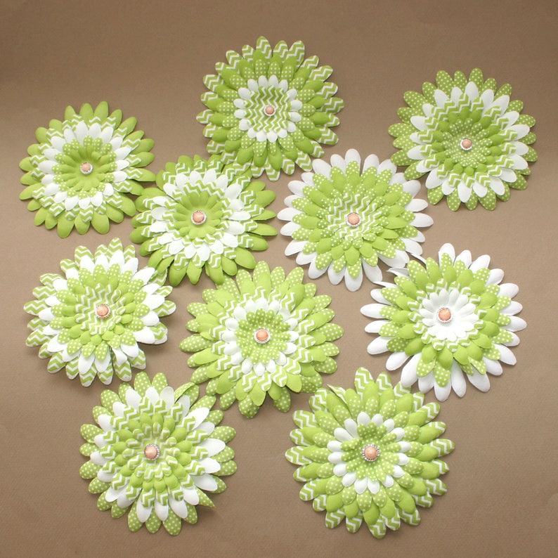 Polka Dot Artificial Flowers Silk flowers Embellished Green and White Patterned Daisy Flower Head Chevron Stripe