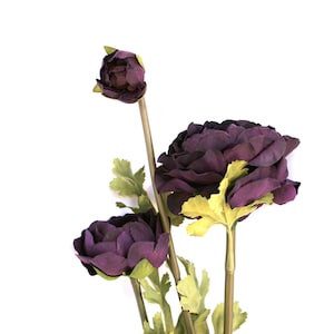 3 Eggplant Purple Ranunculus - Silk Flower Heads or with Stem - PRE-ORDER