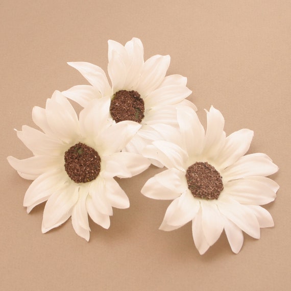 3 White Sunflowers Artificial Flowers, Silk Flower Heads 
