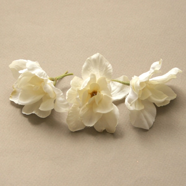 3 Cream White Delphinium Blossoms - 3 petal layers