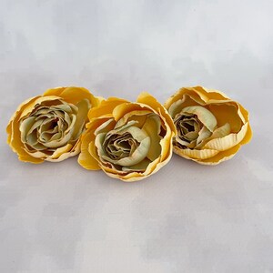 3 Harvest Yellow Ranunculus -  - Green Accents - Artificial Flowers - 2 inches