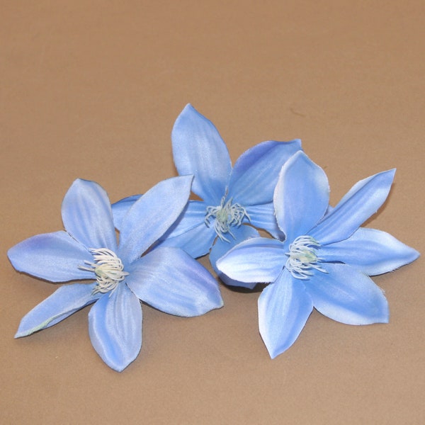 3 Light Blue Clematis Blossoms - Artificial Flowers, Silk Flower Heads