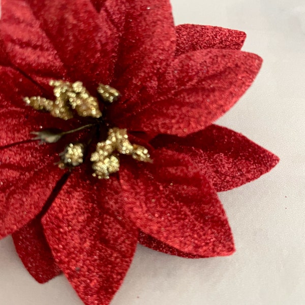 3 Glitter Red Poinsettias - Artificial Flower Heads, Holiday Flowers