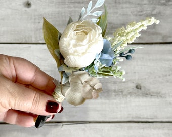 Cream Ranunculus and Blue Floral Boutonnière - Artificial Floral