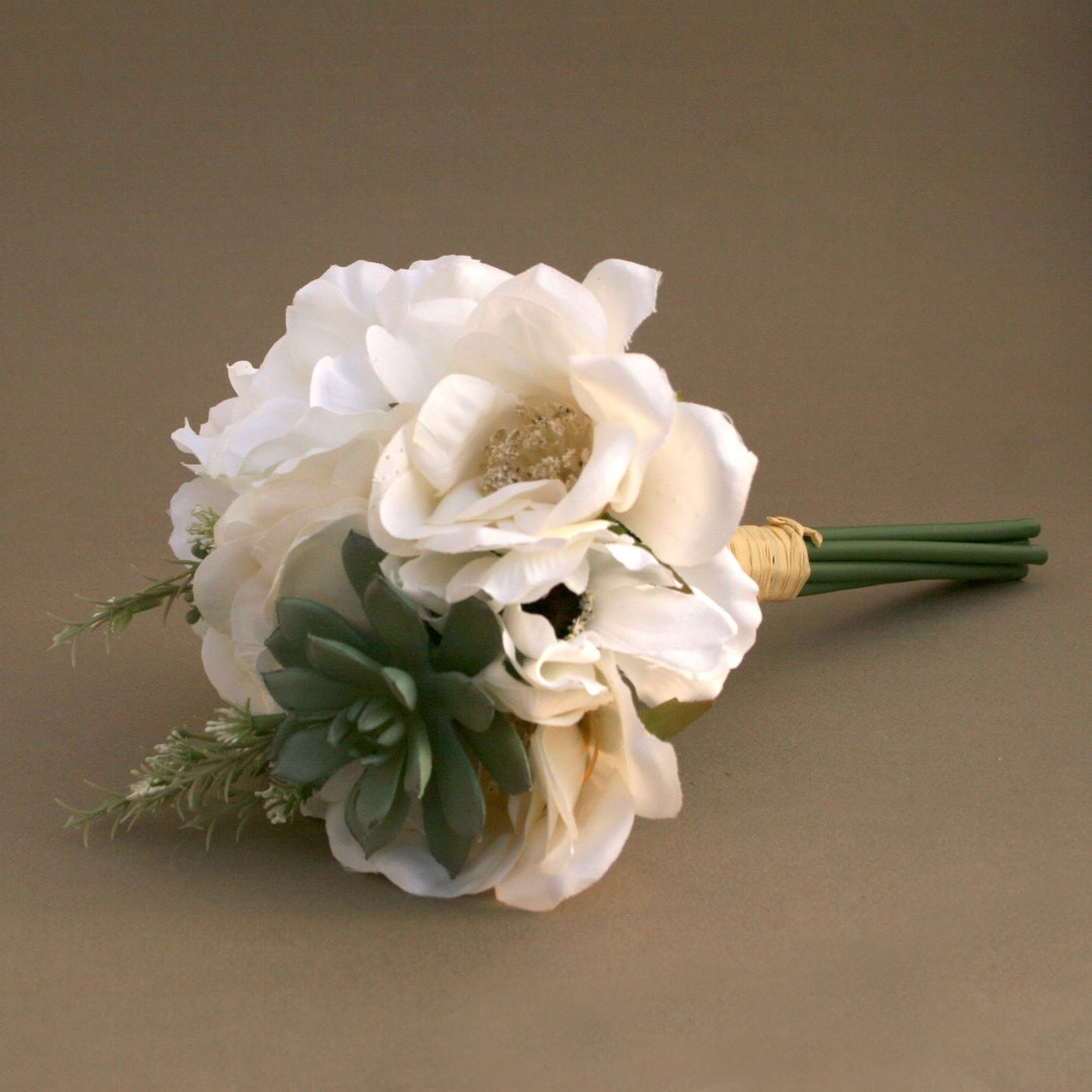 Cream White Rose, Anemone, and Succulent Bouquet - Artificial ...