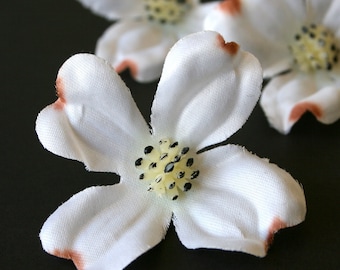 3 Small White - Plum Tipped Dogwood Blossoms - Artificial Flowers, Silk Flowers