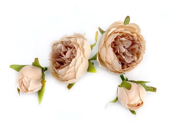 4 Peach Toast Beige Peonies - Artificial Flower Heads