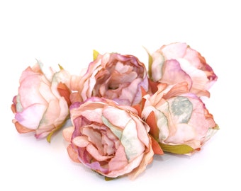 5 Mini Peonies in ANTIQUE PEACHY PINK Accented with Lavender and Green - Artificial Flower Heads, Silk Flowers
