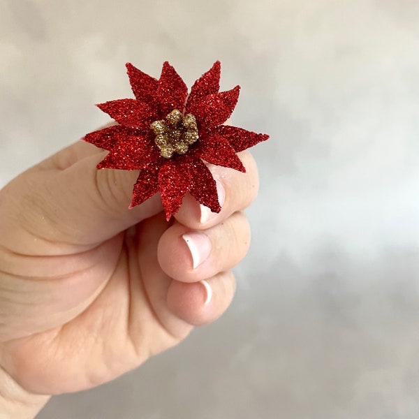 3 Mini Red and Gold Glitter Christmas Poinsettia Flower Heads - Artificial Flowers, Christmas Flowers