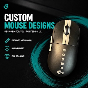 May include: A black wireless computer mouse with a central white stripe, a scroll wheel, and side buttons. The text reads: CUSTOM MOUSE DESIGNS, DESIGNED FOR YOU. PAINTED BY US., DESIGNED AROUND YOU, HAND PAINTED, ONE OF A KIND, and MODWAG.
