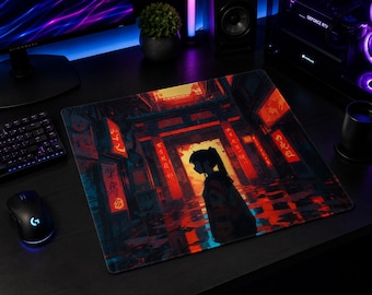 Cyberpunk Anime Cityscape Gaming Mouse Pad | Japanese Neon Desk Mat 18"x16"
