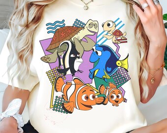 Retro Disney 90-tals Hitta Nemo-grupp-t-shirt, Dory Marlin Bruce-tröjor, Disneyworld-tröja, Disneyland-familjeresa-tröja, födelsedagspresent-tröja
